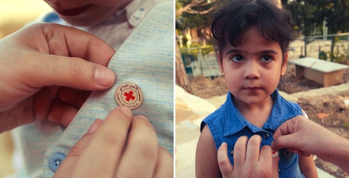 Lebanese Red Cross pins on Rida Fakhreddine's and his sister's shirts