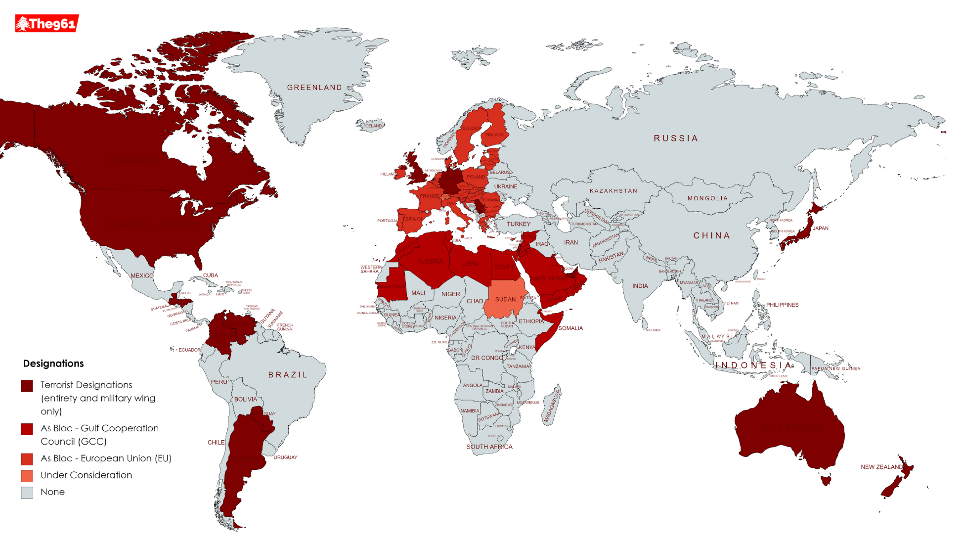 world map showing countries that have terrorist designations on Hezbollah