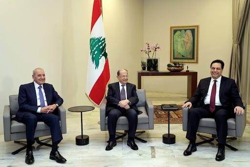 Speaker of Parliament Berri, President Aoun, and Prime Minister Diab in Baabda