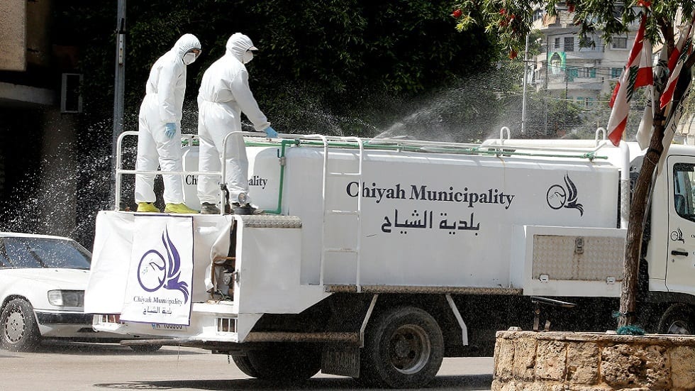 Health workers sanitizing the streets of Beirut, Lebanon