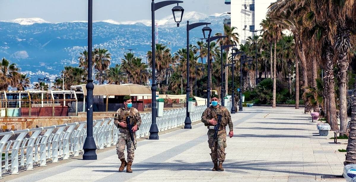 Lebanese Army soldiers patrolling corniche during coronavirus outbreak in Lebanon