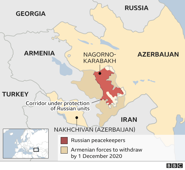 Map illustrating the changes in Nagorno-Karabakh following the recent ceasefire agreement.