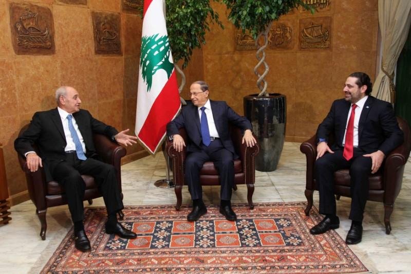 Speaker Nabih Berri, President Michel Aoun, and Prime Minister-designate Saad Hariri, during a meeting at the presidential palace in 2016.