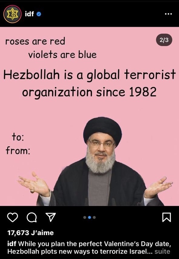 IDF Posted Valentine's Day Memes Teasing Hezbollah's Hassan Nasrallah 1